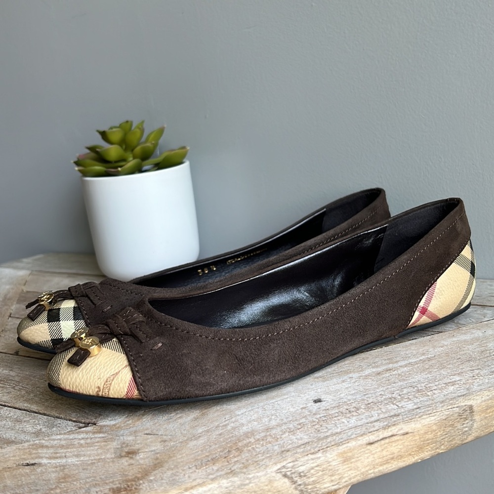 Burberry haymarket check cap toe Yates brown suede ballerina flats size 38.5 - Picture 9 of 11